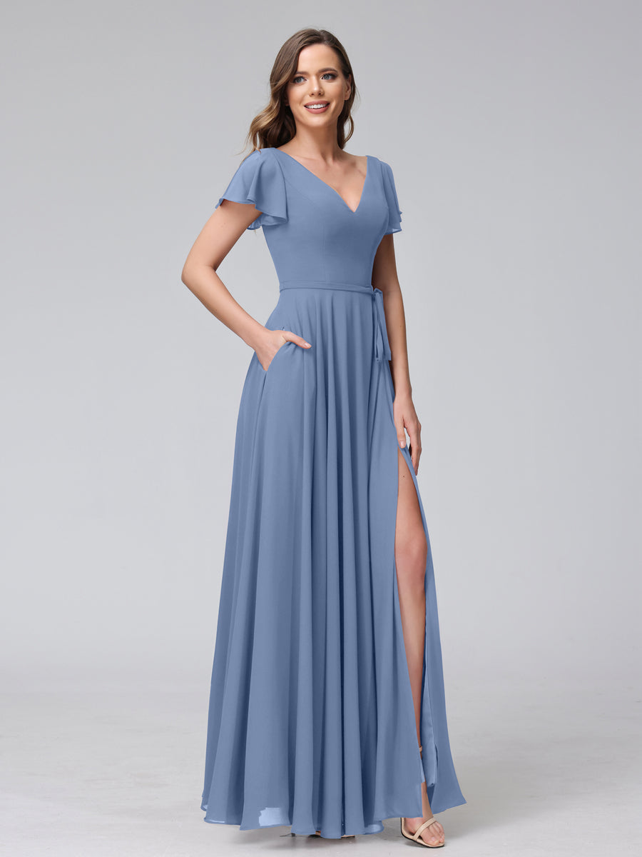 A-Line V-Neck Ruffles Short Sleeves Long Chiffon Dresses With Split Side &amp; Pockets
