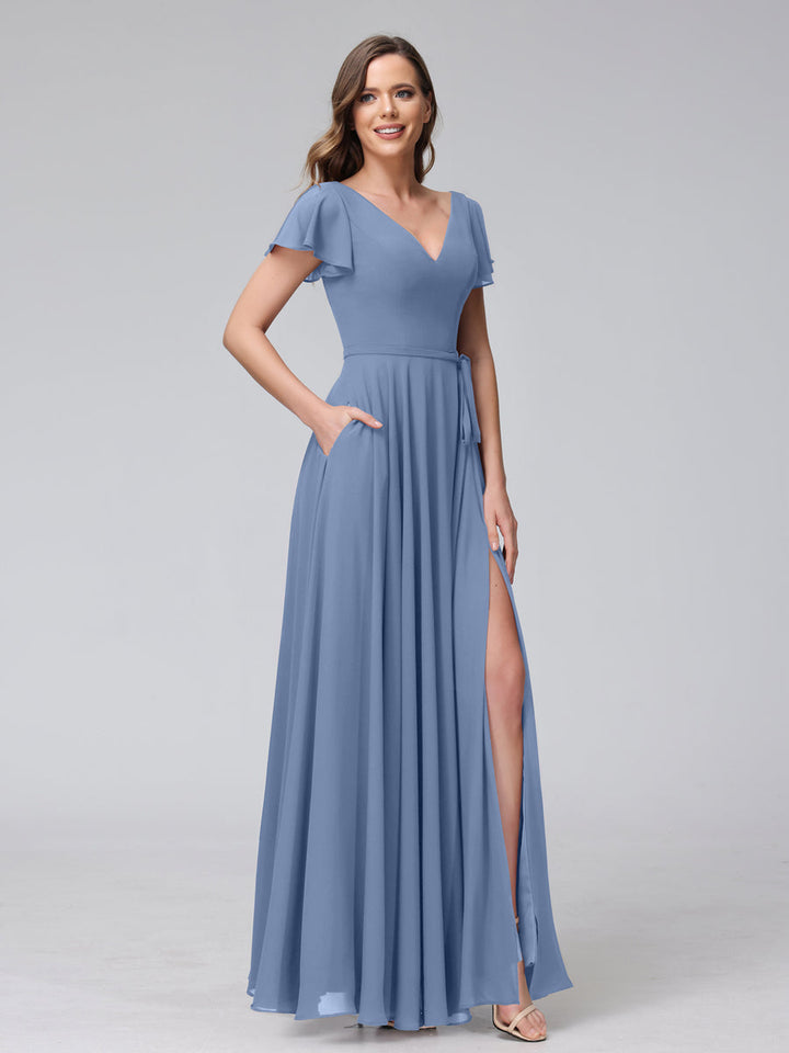 A-Line V-Neck Ruffles Short Sleeves Long Chiffon Dresses With Split Side &amp; Pockets