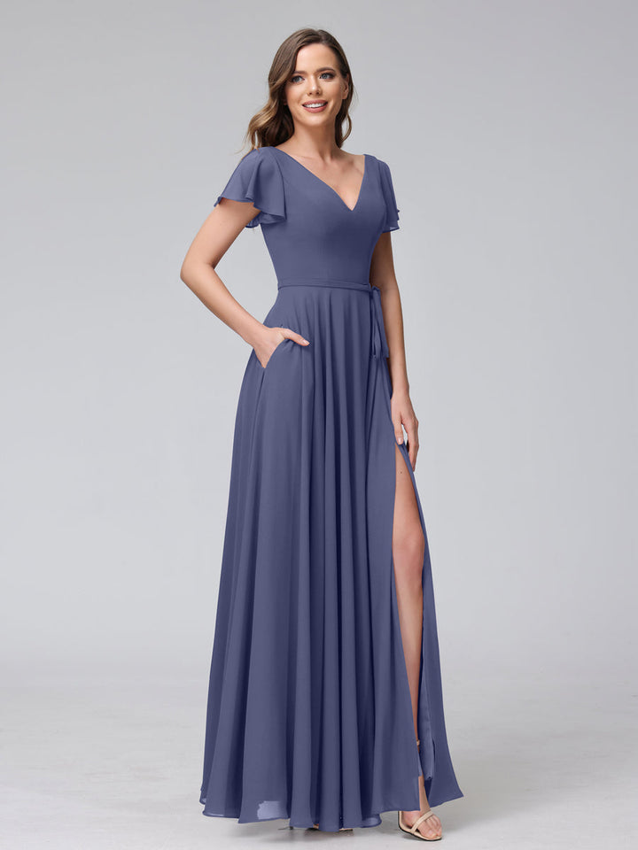 A-Line V-Neck Ruffles Short Sleeves Long Chiffon Dresses With Split Side &amp; Pockets