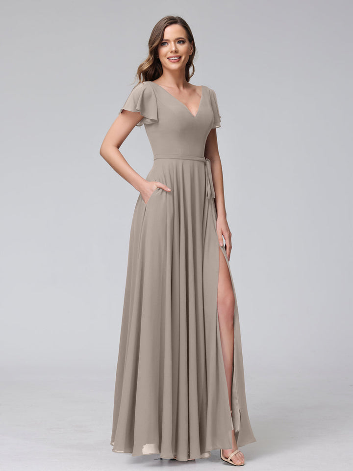 A-Line V-Neck Ruffles Short Sleeves Long Chiffon Dresses With Split Side &amp; Pockets