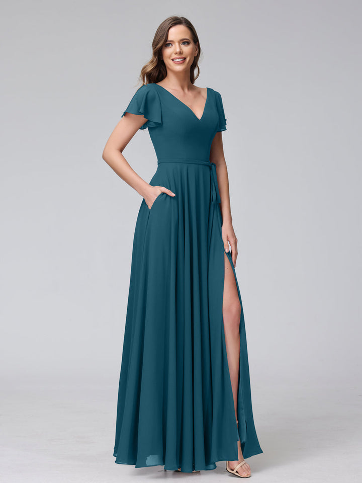 A-Line V-Neck Ruffles Short Sleeves Long Chiffon Dresses With Split Side &amp; Pockets