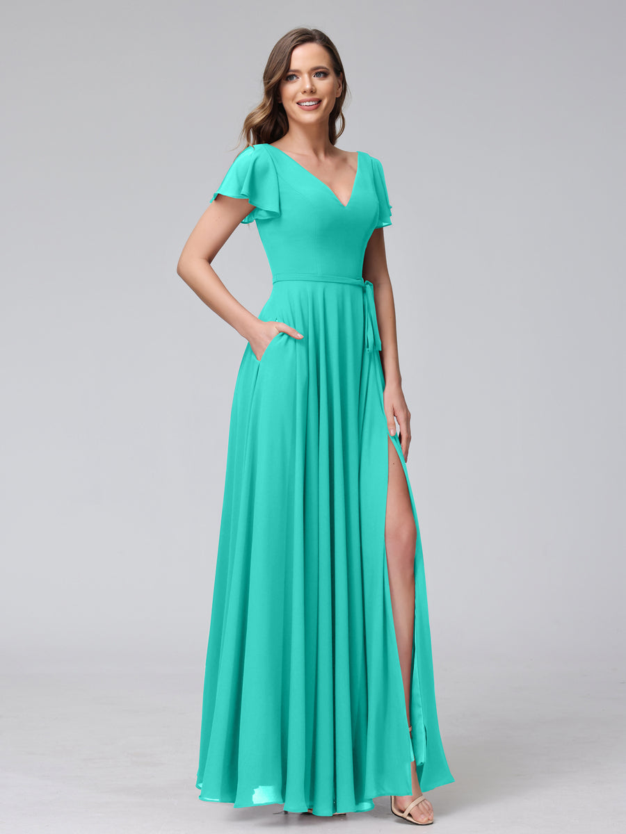 A-Line V-Neck Ruffles Short Sleeves Long Chiffon Dresses With Split Side &amp; Pockets