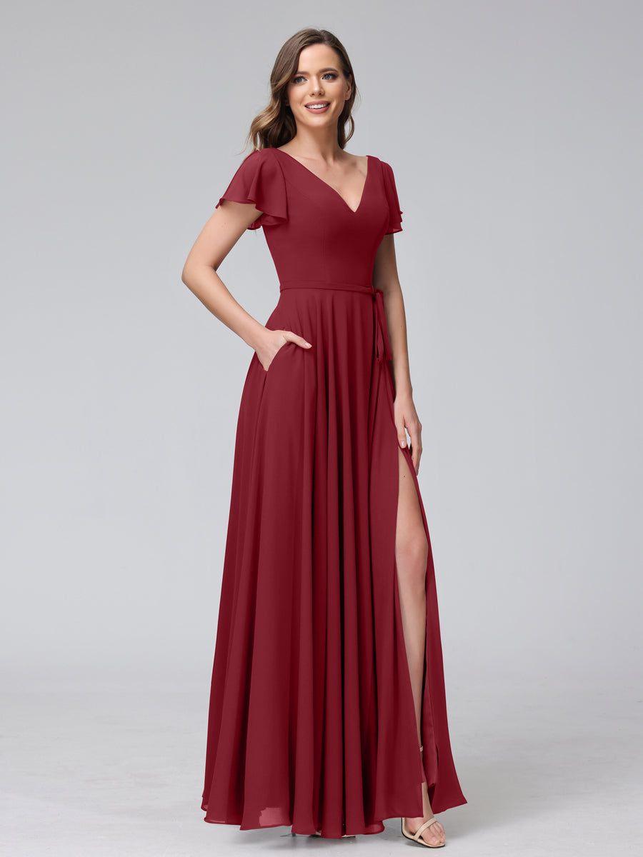 A-Line V-Neck Ruffles Short Sleeves Long Chiffon Dresses With Split Side &amp; Pockets