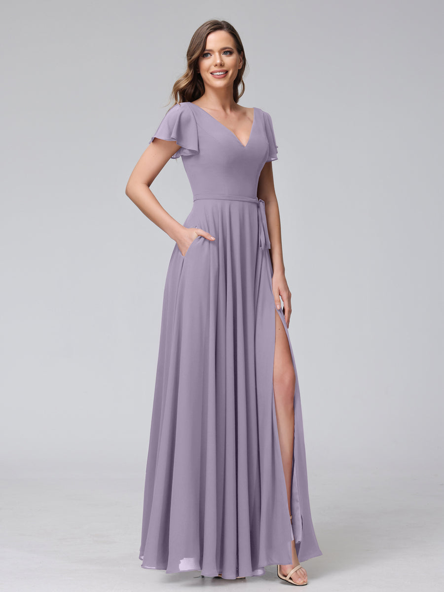 A-Line V-Neck Ruffles Short Sleeves Long Chiffon Dresses With Split Side &amp; Pockets