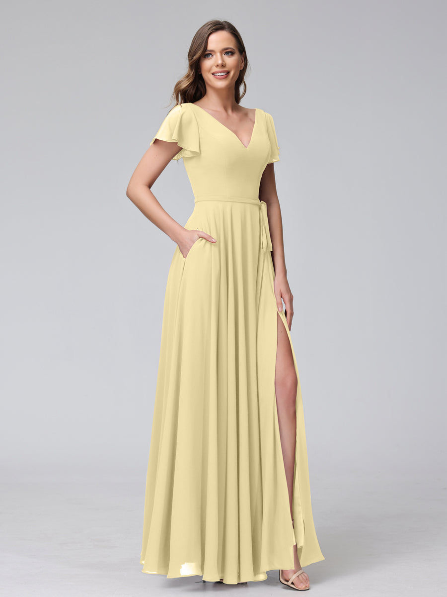 A-Line V-Neck Ruffles Short Sleeves Long Chiffon Dresses With Split Side &amp; Pockets