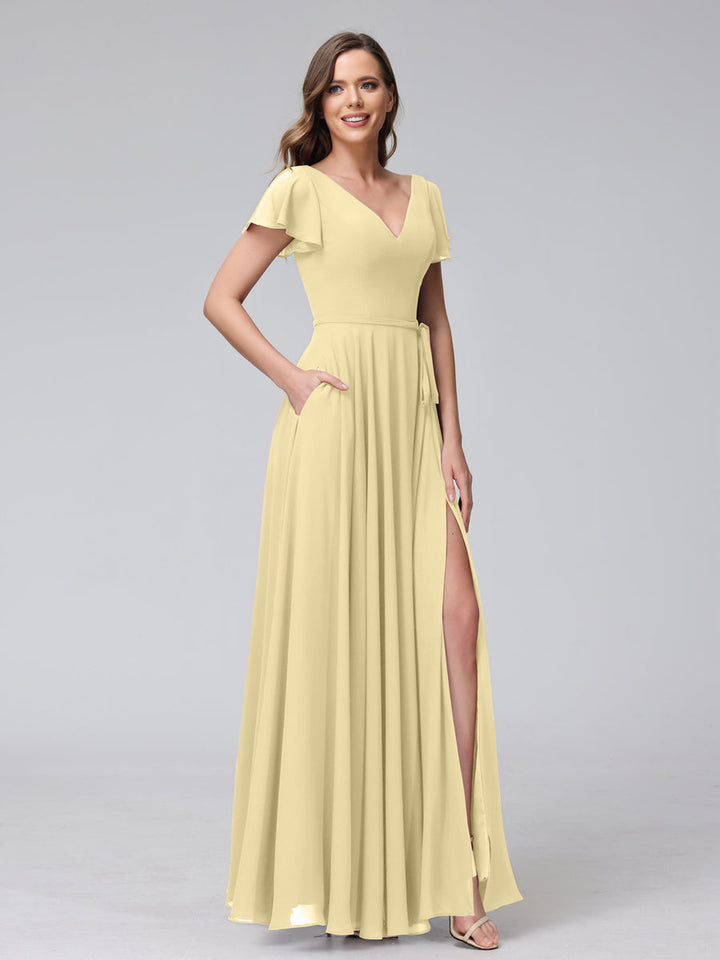 A-Line V-Neck Ruffles Short Sleeves Long Chiffon Dresses With Split Side &amp; Pockets