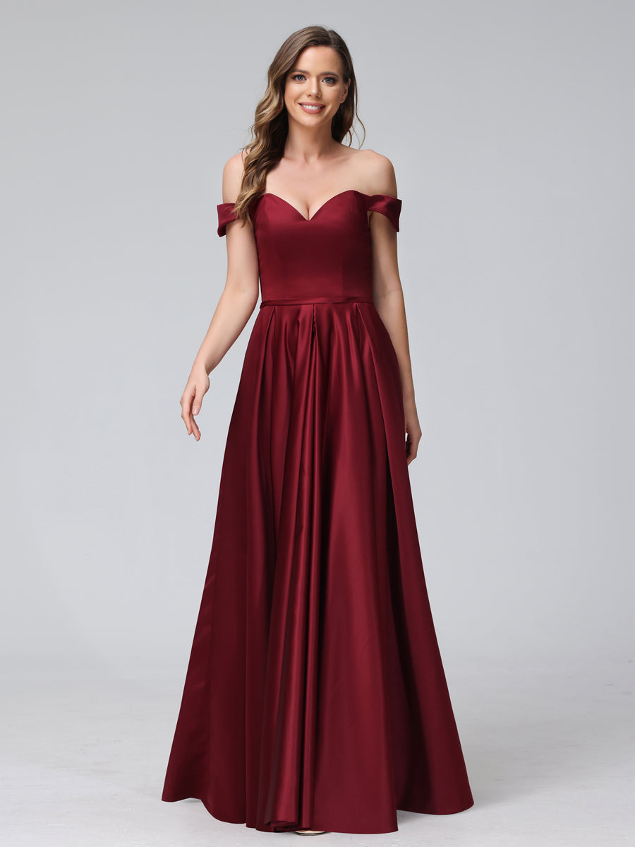 A-Line Off-the-Shoulder Sweetheart Satin Maxi Dresses with Pockets