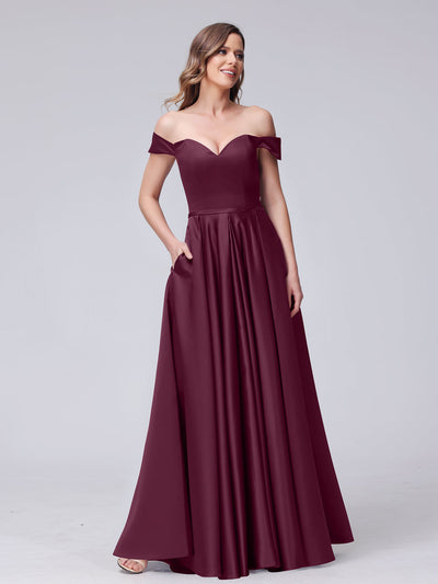 A-Line Off-the-Shoulder Sweetheart Satin Maxi Dresses with Pockets