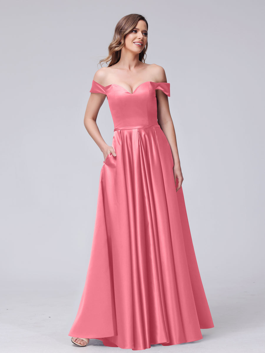 A-Line Off-the-Shoulder Sweetheart Satin Maxi Dresses with Pockets