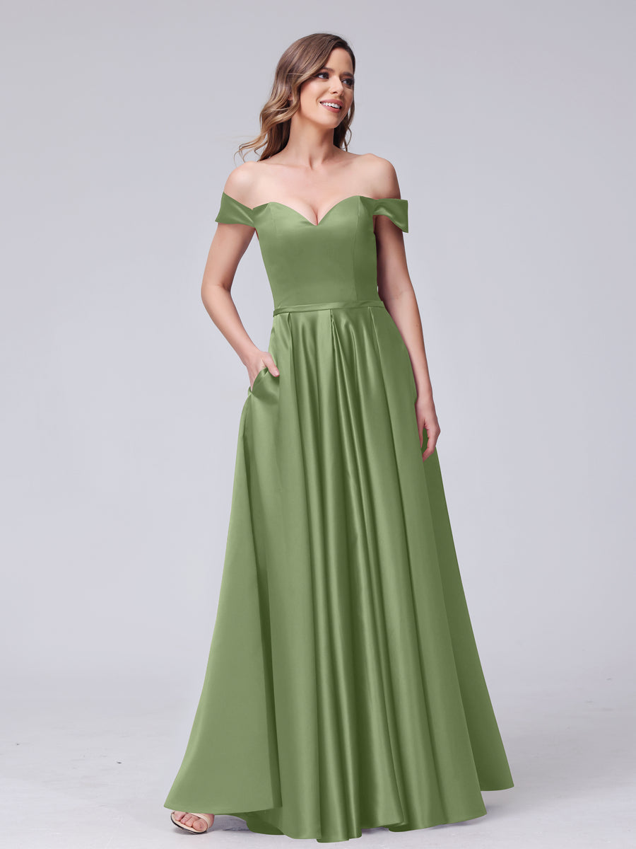 A-Line Off-the-Shoulder Sweetheart Satin Maxi Dresses with Pockets