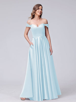 A-Line Off-the-Shoulder Sweetheart Satin Maxi Dresses with Pockets