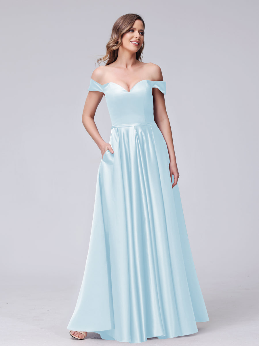 A-Line Off-the-Shoulder Sweetheart Satin Maxi Dresses with Pockets