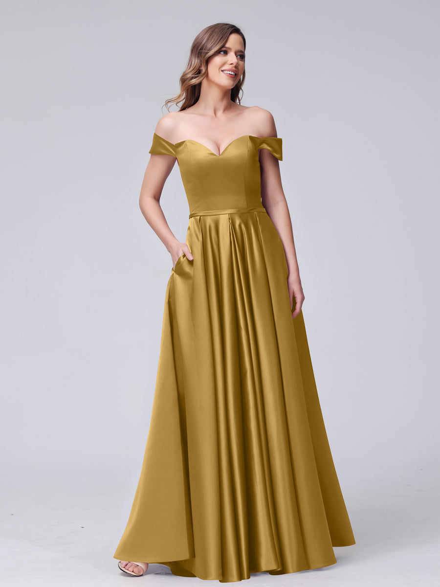 A-Line Off-the-Shoulder Sweetheart Satin Maxi Dresses with Pockets