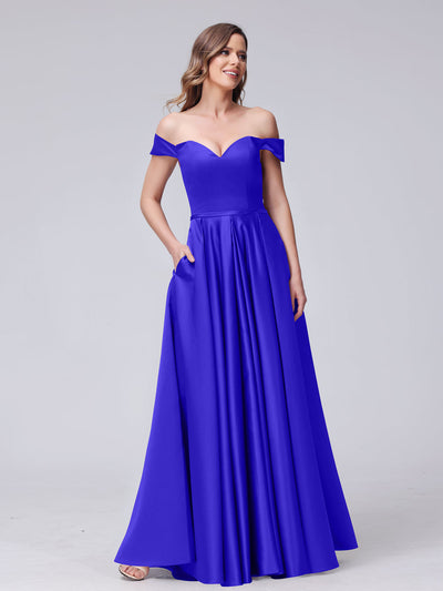 A-Line Off-the-Shoulder Sweetheart Satin Maxi Dresses with Pockets