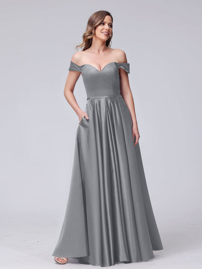 A-Line Off-the-Shoulder Sweetheart Satin Maxi Dresses with Pockets