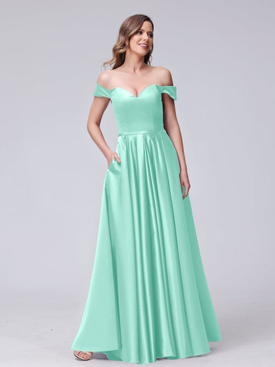 A-Line Off-the-Shoulder Sweetheart Satin Maxi Dresses with Pockets