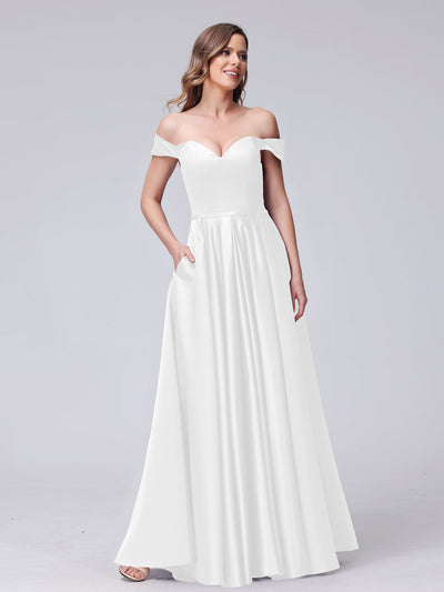 A-Line Off-the-Shoulder Sweetheart Satin Maxi Dresses with Pockets