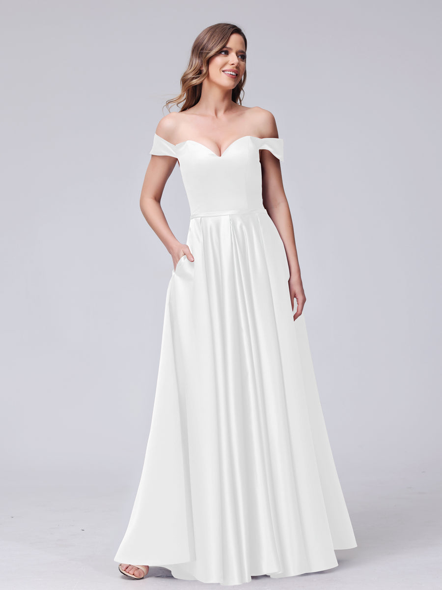 A-Line Off-the-Shoulder Sweetheart Satin Maxi Dresses with Pockets