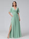 A-Line V-Neck Half Sleeves Long Chiffon Bridesmaid Dresses with Ruffles Split Side Pockets