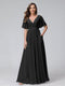 A-Line V-Neck Half Sleeves Long Chiffon Bridesmaid Dresses with Ruffles Split Side Pockets