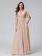 A-Line V-Neck Half Sleeves Long Chiffon Bridesmaid Dresses with Ruffles Split Side Pockets