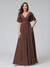 A-Line V-Neck Half Sleeves Long Chiffon Bridesmaid Dresses with Ruffles Split Side Pockets