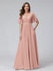 A-Line V-Neck Half Sleeves Long Chiffon Bridesmaid Dresses with Ruffles Split Side Pockets