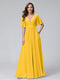 A-Line V-Neck Half Sleeves Long Chiffon Bridesmaid Dresses with Ruffles Split Side Pockets