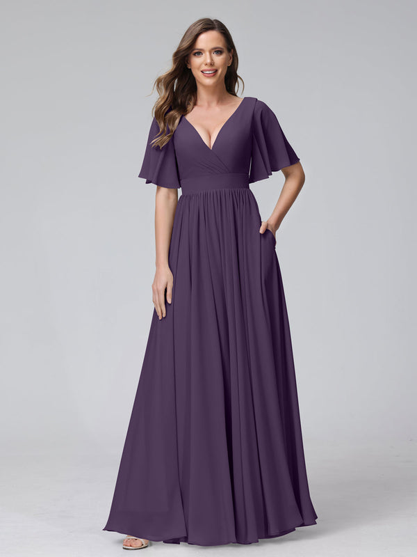 A-Line V-Neck Half Sleeves Long Chiffon Bridesmaid Dresses with Ruffles Split Side Pockets