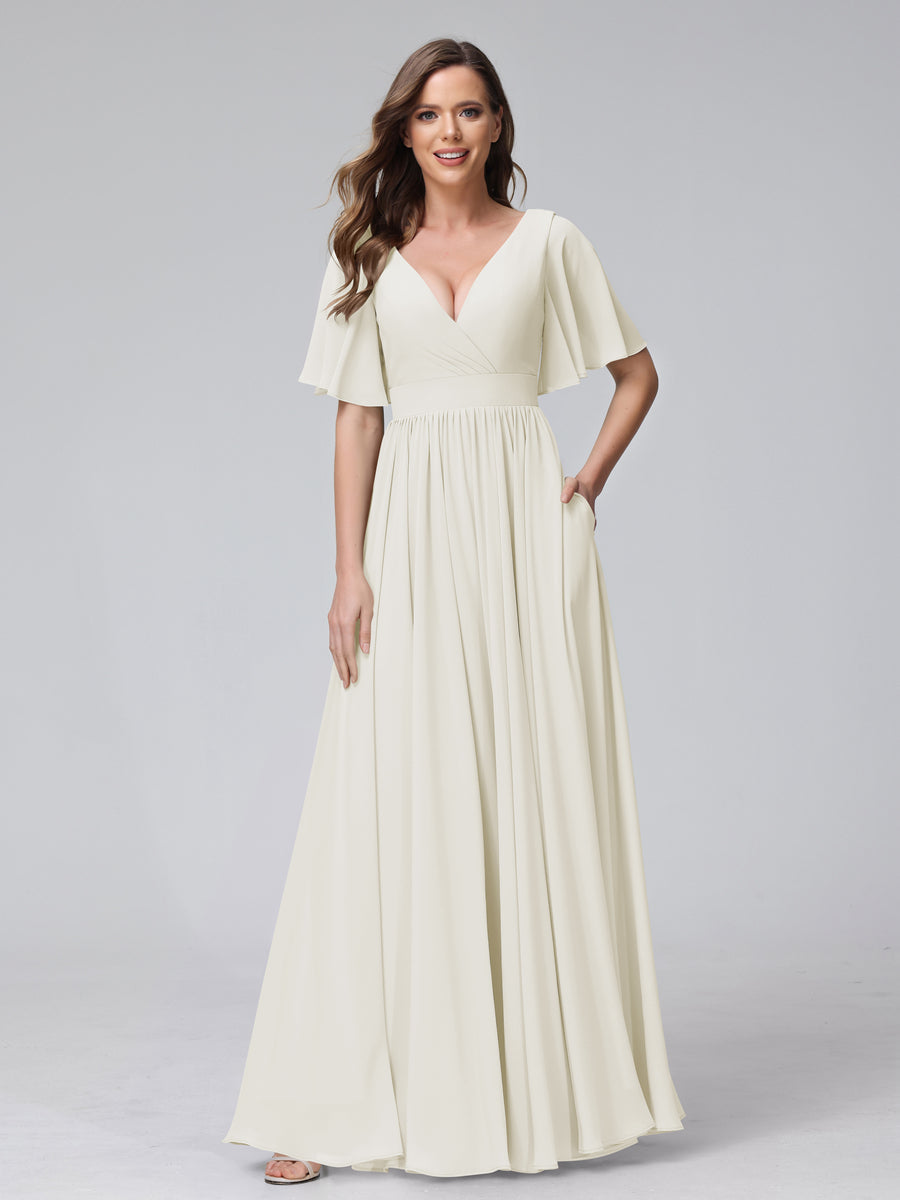 Lavetir White Bridesmaid Dresses Online 2026 Long with Pockets A-Line V-Neck Chiffon with Split Side & Half Sleeves