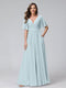 A-Line V-Neck Half Sleeves Long Chiffon Bridesmaid Dresses with Ruffles Split Side Pockets