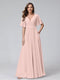 A-Line V-Neck Half Sleeves Long Chiffon Bridesmaid Dresses with Ruffles Split Side Pockets