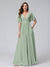 A-Line V-Neck Half Sleeves Long Chiffon Bridesmaid Dresses with Ruffles Split Side Pockets