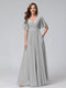 A-Line V-Neck Half Sleeves Long Chiffon Bridesmaid Dresses with Ruffles Split Side Pockets