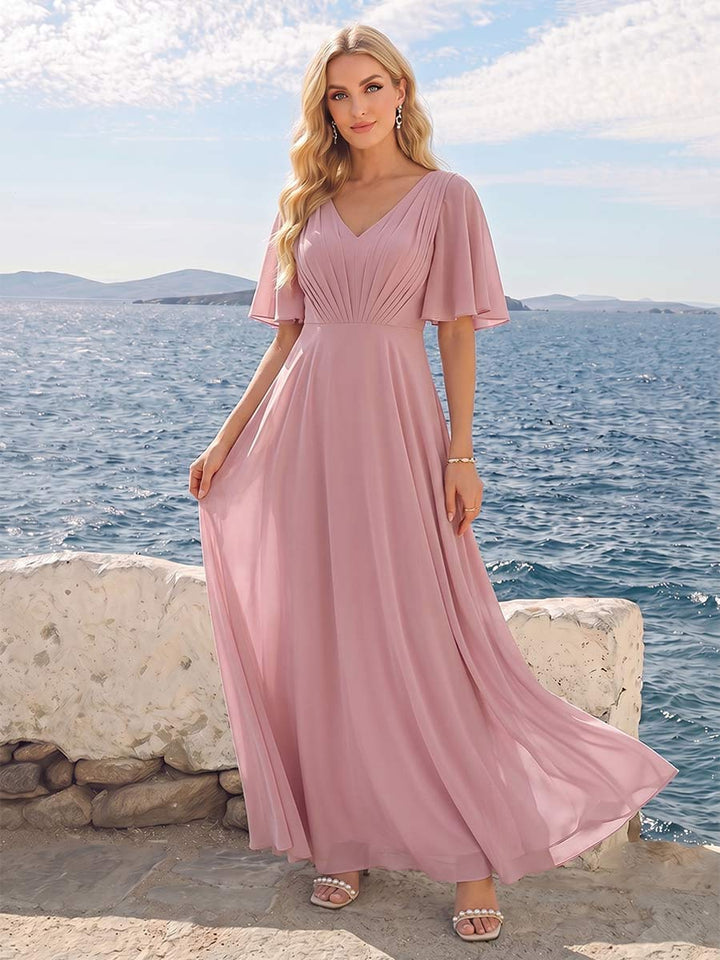 A-Line V-Neck Half Sleeves Long Chiffon Bridesmaid Dresses With Ruffles Pockets