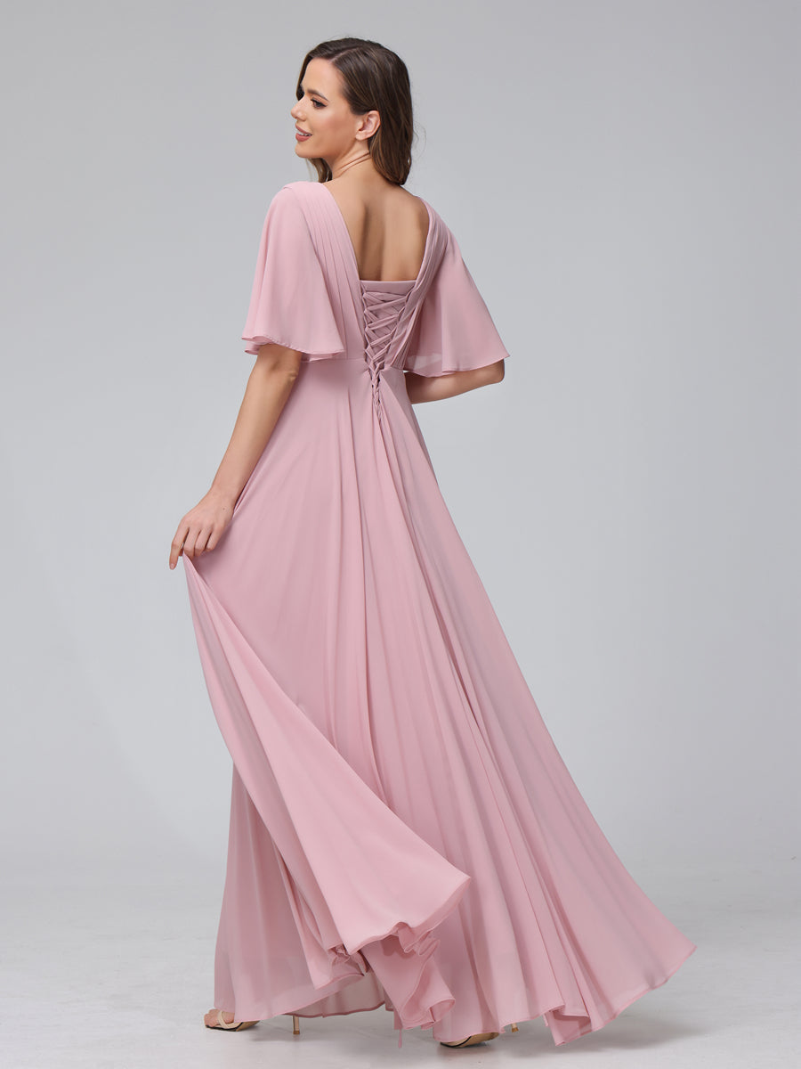 A-Line V-Neck Half Sleeves Long Chiffon Bridesmaid Dresses With Ruffles Pockets