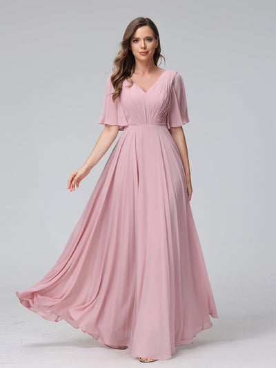 A-Line V-Neck Half Sleeves Long Chiffon Bridesmaid Dresses With Ruffles Pockets