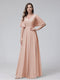 A-Line V-Neck Half Sleeves Long Chiffon Bridesmaid Dresses With Ruffles Pockets