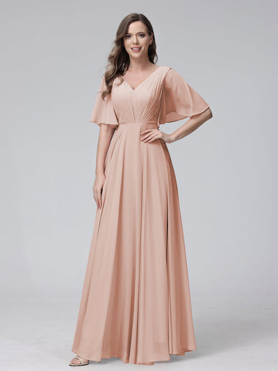 A-Line V-Neck Half Sleeves Long Chiffon Bridesmaid Dresses With Ruffles Pockets