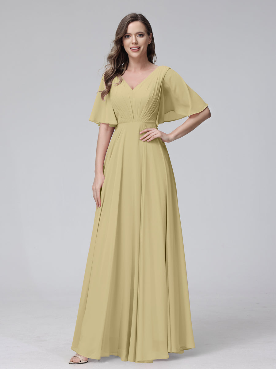 Lavetir Bridesmaid Dresses Long with Pockets Champagne A-Line V-Neck Half Sleeves Maxi Chiffon Style