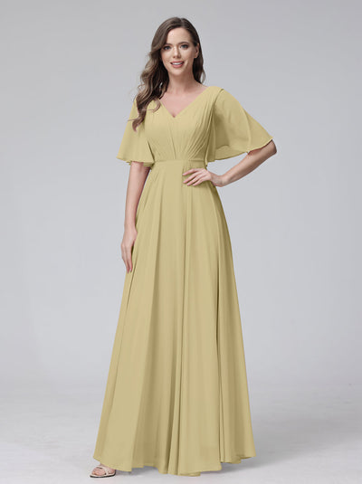 A-Line V-Neck Half Sleeves Long Chiffon Bridesmaid Dresses With Ruffles Pockets