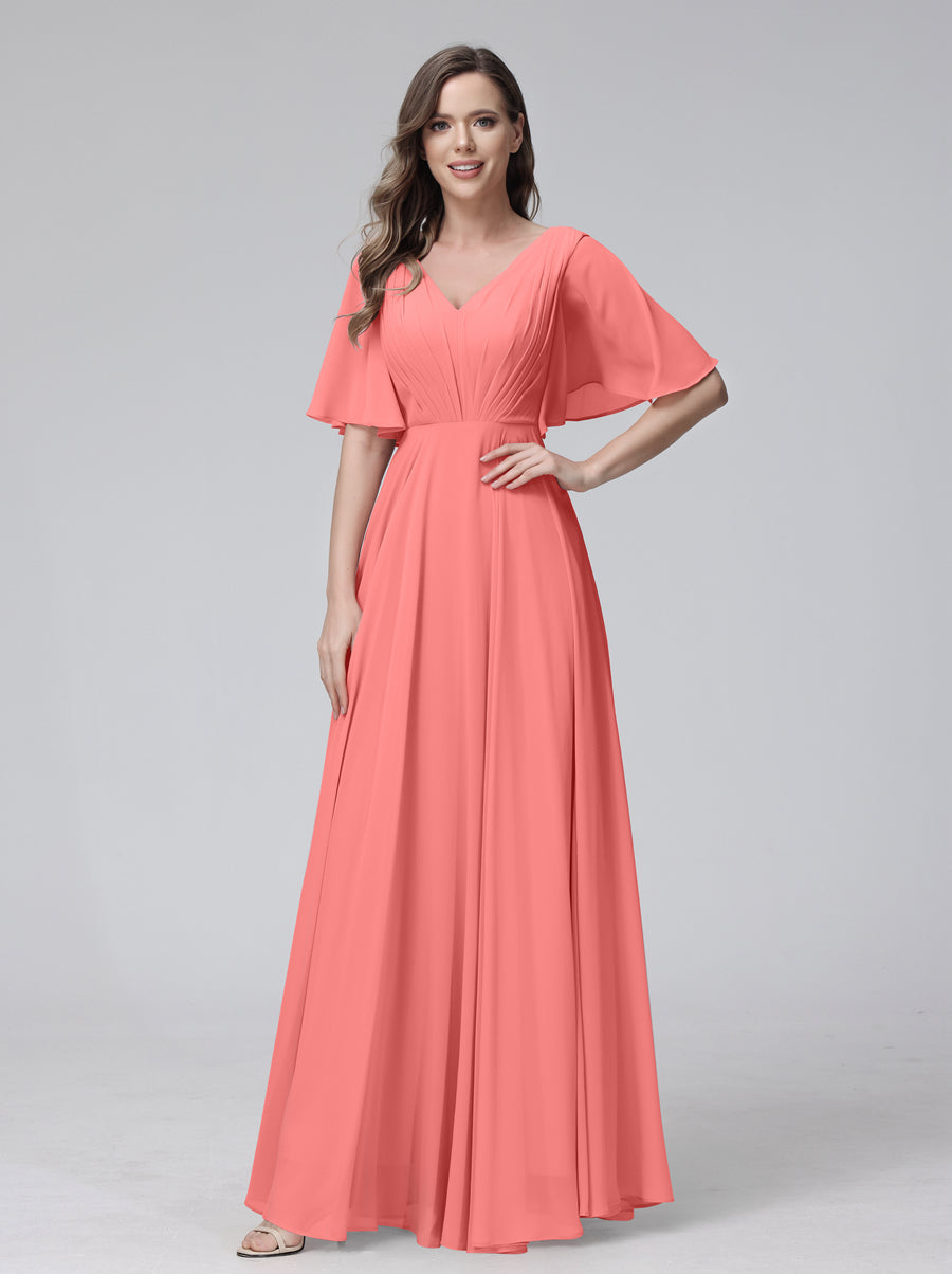 A-Line V-Neck Half Sleeves Long Chiffon Bridesmaid Dresses With Ruffles Pockets