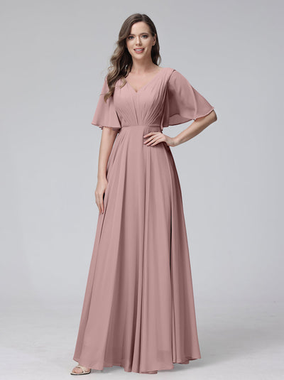 A-Line V-Neck Half Sleeves Long Chiffon Bridesmaid Dresses With Ruffles Pockets