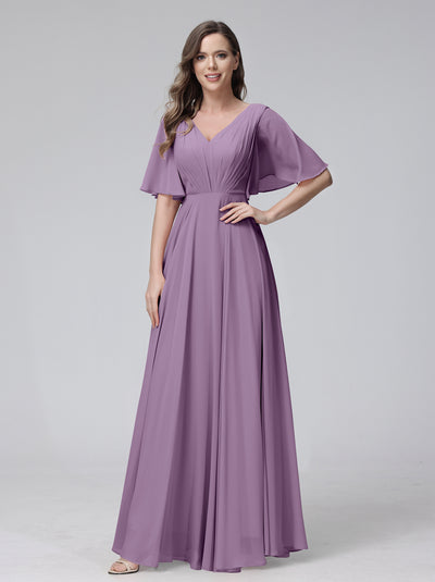 A-Line V-Neck Half Sleeves Long Chiffon Bridesmaid Dresses With Ruffles Pockets