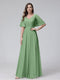 A-Line V-Neck Half Sleeves Long Chiffon Bridesmaid Dresses With Ruffles Pockets