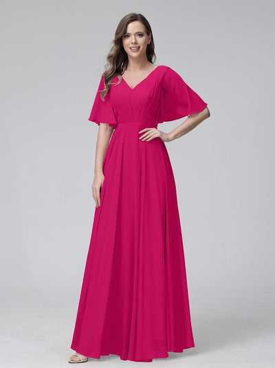 A-Line V-Neck Half Sleeves Long Chiffon Bridesmaid Dresses With Ruffles Pockets