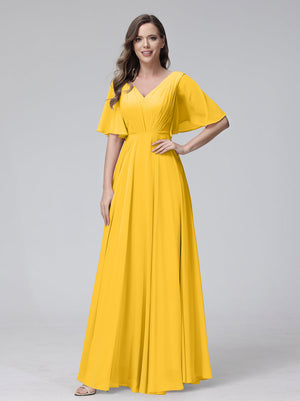 A-Line V-Neck Half Sleeves Long Chiffon Bridesmaid Dresses With Ruffles Pockets