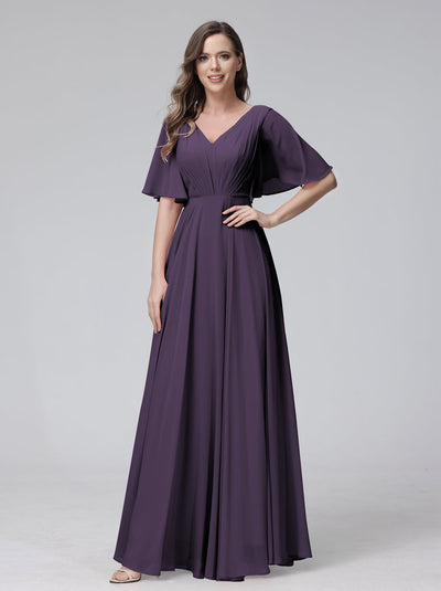 A-Line V-Neck Half Sleeves Long Chiffon Bridesmaid Dresses With Ruffles Pockets