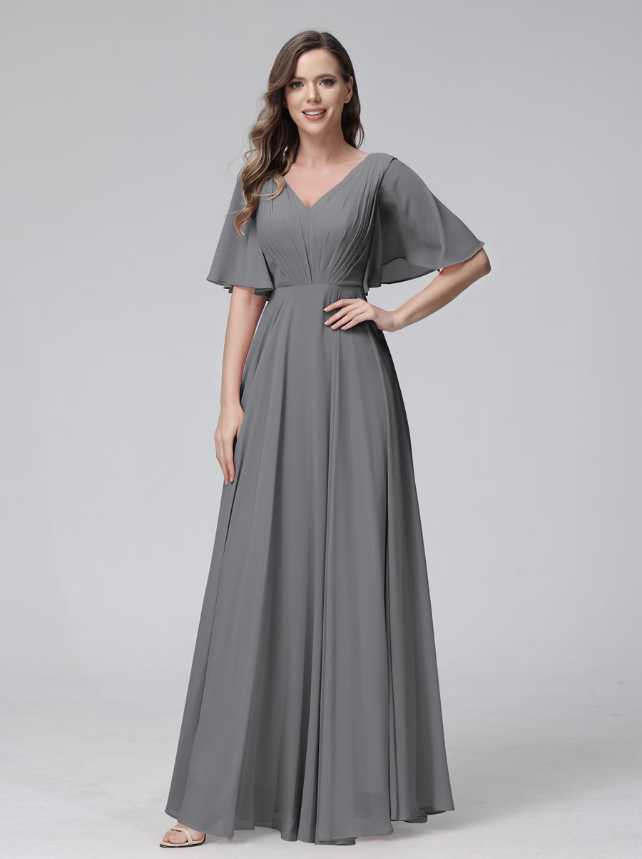 A-Line V-Neck Half Sleeves Long Chiffon Bridesmaid Dresses With Ruffles Pockets