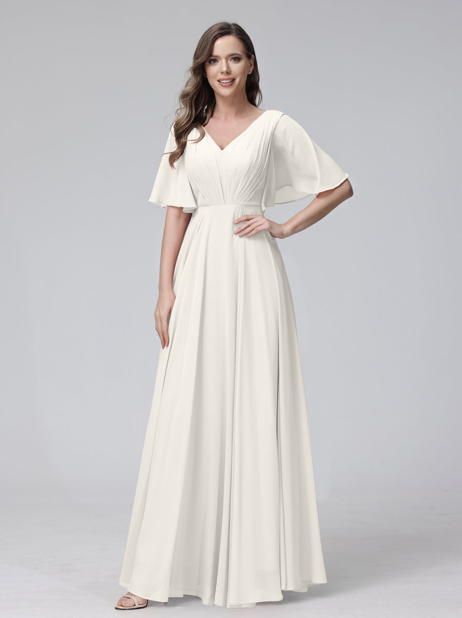 Lavetir Bridesmaid Dresses Light Pink A-Line V-Neck Half Sleeves Long Chiffon With Ruffles Pockets 2026